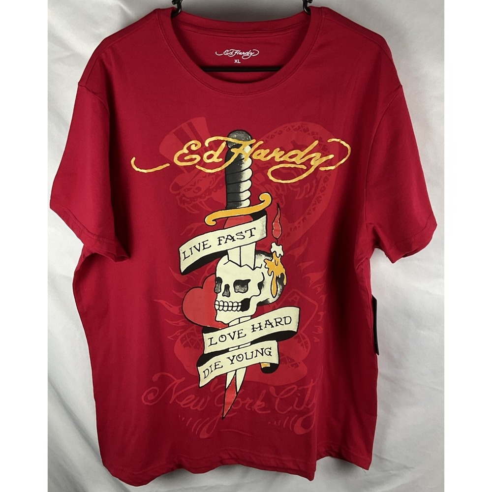 Ed Hardy Live Fast Love Hard Die‎ Young New York City Skull Mens XL Red Y2K NWT
